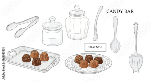 Illustration of assorted chocolate truffles and confectionery tools on plates and trays with a candy bar label.