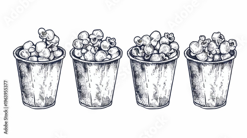 Four paper cups filled with popcorn in a sketch style, isolated on a white background
