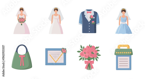 Flat lay illustration of wedding planning icons including brides, groom's attire, bouquet, purse, invitation, and calendar on a white background with pastel colors.