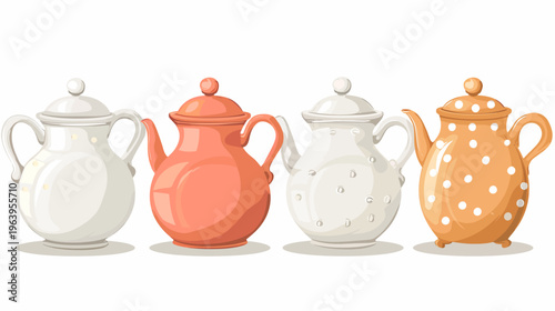 Four charming teapots in varying colors and styles stand side-by-side on a white surface