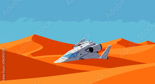 crashed spaceship desert landscape an abandoned sci-fi vehicle partially buried in sand dunes under a clear blue sky.
