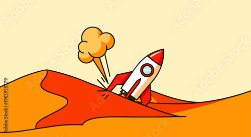 launch failure of a cartoon rocket stuck in a desert sand dune illustrating startup challenges and unexpected project setbacks.