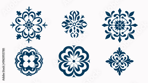 Six stylized, dark blue floral designs arranged on a white background in two rows