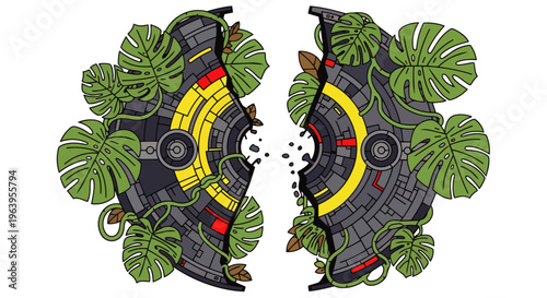 nature technology broken device with lush plant growth and monstera leaves visualizing an environmental concept of a sustainable future.