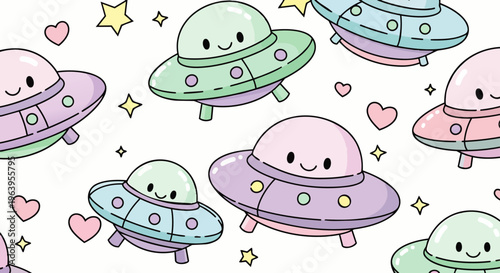 seamless pattern of cute ufo spaceships kawaii flying saucers pastel alien spacecraft for child friendly fantasy designs.