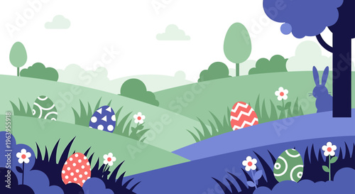 modern flat design easter egg hunt featuring colorful decorated eggs in rolling green hills with a bunny and spring flowers