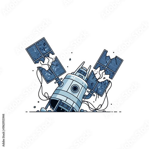 crashed satellite and space junk with broken solar panels and exposed wires depicting technology failure and orbital debris issues
