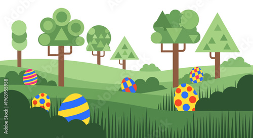 modern flat design easter egg hunt colorful eggs hidden in vibrant green spring landscape ideal for holiday celebration.