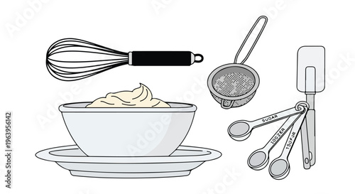 Line drawing of baking ingredients and tools including a bowl of batter on a plate with a whisk, measuring cup and spoons on a white background.