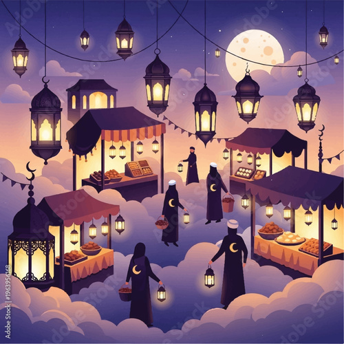 People gather at a nighttime market with lanterns floating above stalls on clouds.