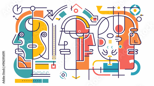 Abstract vector faces with geometric shapes and vibrant color blocking on white