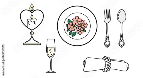 Flat lay illustration of a romantic dinner setting with a plate of flowers, wine glass, candle, and silverware on a white background.