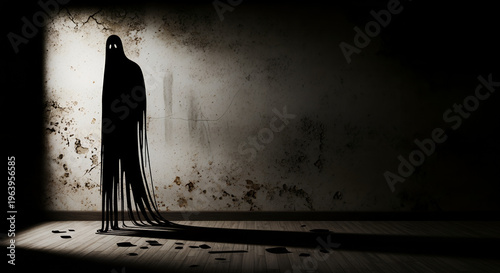Dark shadow figure standing in a dimly lit abandoned room  