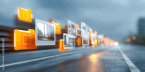 Digital photo files and ebook documents flowing through monetization pipeline representing profitable online business assets