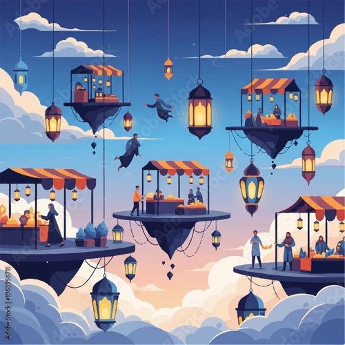 Floating islands with lanterns and people are hovering in the sky with clouds.