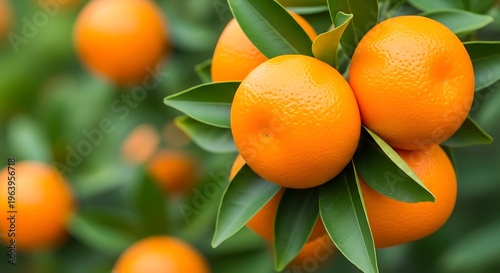 Fresh oranges hanging from tree with green leaves outdoors in nature