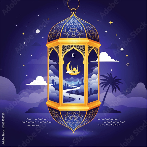 A glowing lantern hangs serenely under a starry night sky with crescent moon, surrounded by clouds and a peaceful ocean landscape with palm tree.