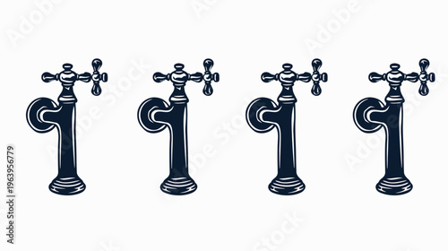 Four identical dark, vintage, ornate water faucets set against white background