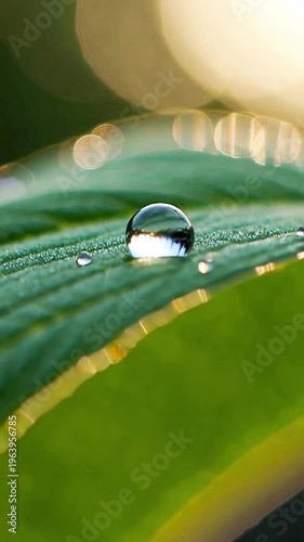Glistening Water Droplet Reflecting Crisp Clear Surroundings On A Vibrant Green Leaf, Magnified In A Beautiful Close-up Macro View With Soft Bokeh Lights, Tranquil Nature Video