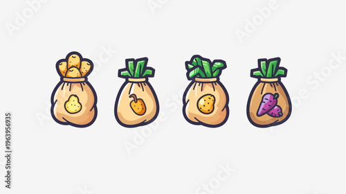 Four cartoon bags filled with potatoes, squash, potato, and carrots, against white