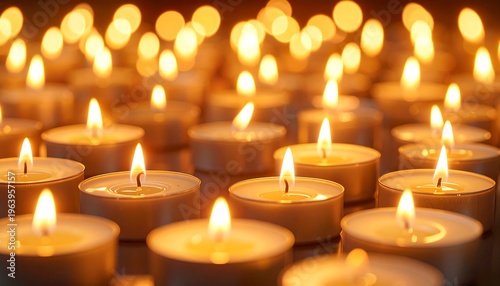 A close-up view presents numerous lit tea light candles, creating a warm, golden glow with blurred, circular bokeh lights