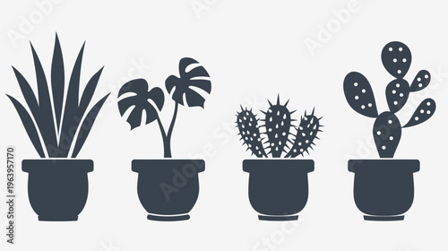 Four potted plants in silhouette, variety of leaf shapes and cactus types, against white