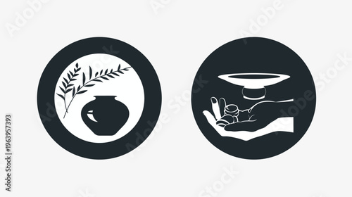 Circular icons with nature, coins, and offering bowl in black and white