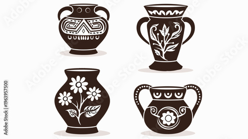 Four ornate brown ceramic pots with white floral and geometric designs, on a white backdrop