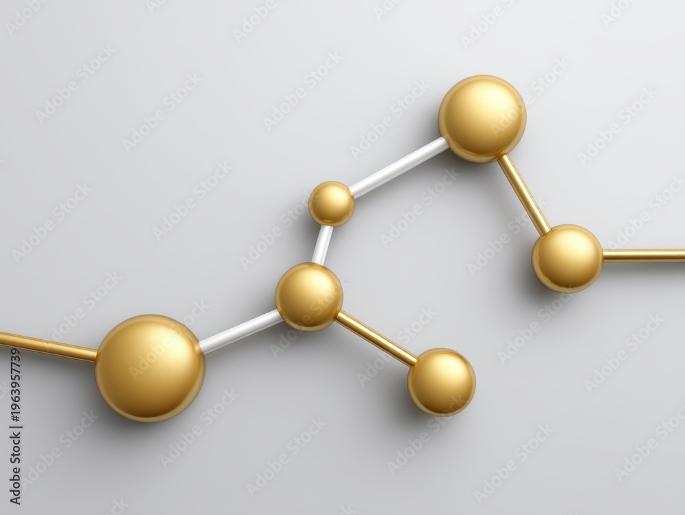 Obraz premium Abstract representation of molecular structure with golden and silver spheres on a clean white background