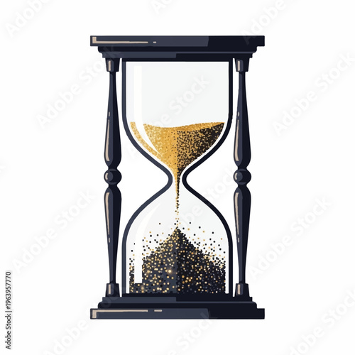 An hourglass stands upright on a surface with sand flowing from top to bottom.