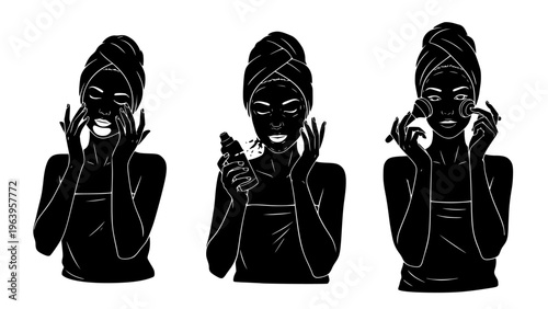 Beauty routine illustration sequence cleansing, applying serum, and moisturizing face for skincare