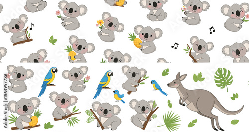 Cute Koala Cartoon Character Pattern Set with Parrots Kangaroo and Tropical Leaves Vector Illustration for Kids Design Wildlife Theme and Seamless Background