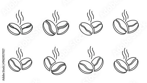 Set of eight simple coffee bean icons with steam lines representing fresh roasting and hot beverage service for cafe branding design.