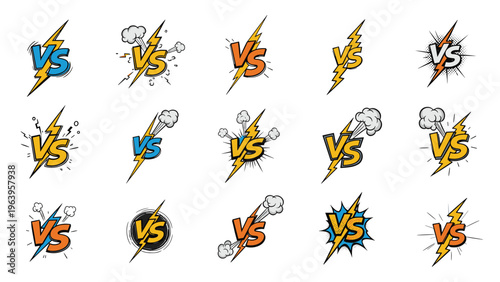 Dynamic set of versus battle icons in a colorful comic book style with lightning bolts, smoke puffs, and bold text for competitions.