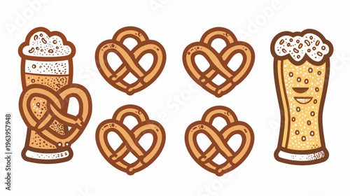 Cartoon illustration of beer steins and pretzels, brown outline on a white background