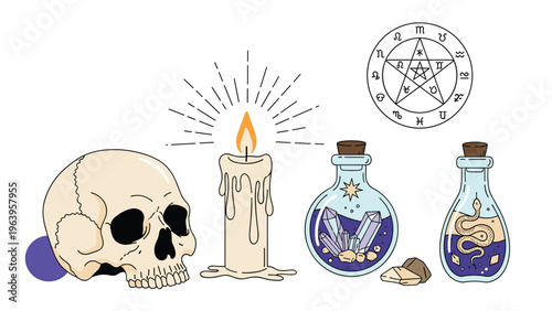 Collection of occult items including a human skull, a burning candle, magic potions in jars, and an alchemical pentagram symbol.