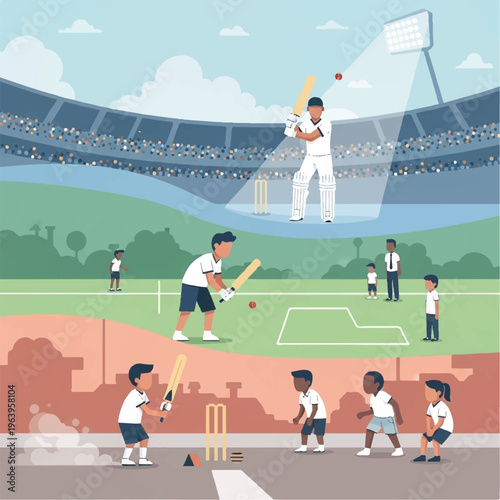 Cricket players practice hitting balls in a stadium with spectators watching.