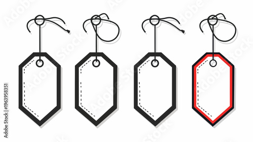 Four outline tags with string ties, one highlighted in red, on a white background