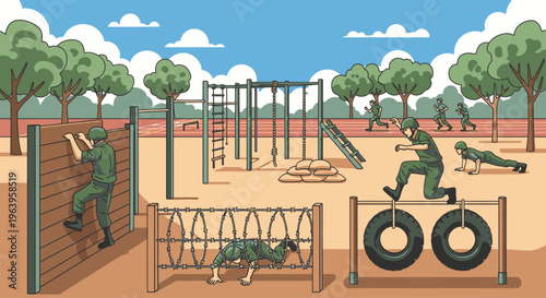Illustration of military personnel navigating an obstacle course with various challenges in a training area surrounded by trees under a blue sky.