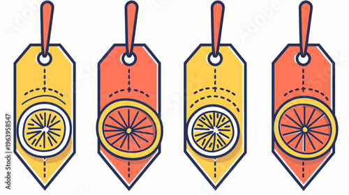 Four tags featuring cut citrus fruits in a stylized, flat, geometric design