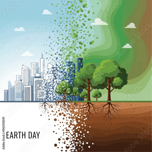 Earth Day illustration of city pollution transforming into a natural forest landscape