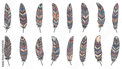 Pattern of colorful decorative feathers featuring various intricate patterns and tribal designs in a soft color palette on white.