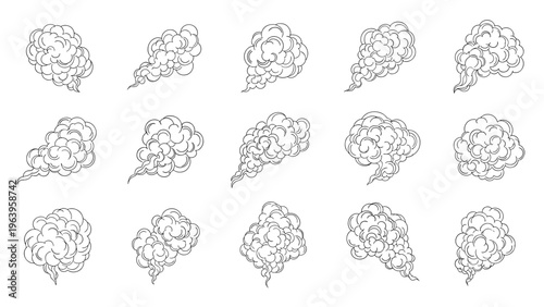 Collection of fifteen hand drawn smoke or steam puffs with swirling lines and fluffy shapes for use in dynamic comic illustrations.