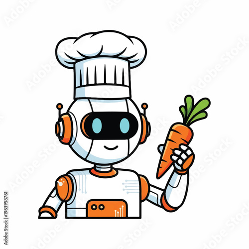 A cheerful robot chef wearing headphones holds a fresh carrot.