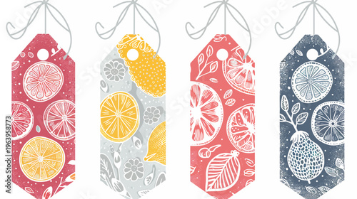 Four patterned gift tags, each with a citrus fruit theme and string ties