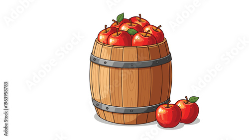Wooden barrel filled with fresh red apples and two fruits lying on the ground isolated on a clean white background for food marketing.