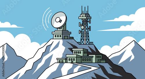 Illustration of a communication tower and satellite dish on a snowy mountain peak with a blue sky and white clouds.