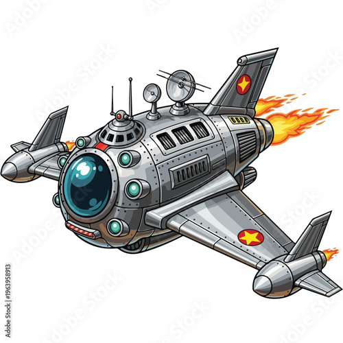 Futuristic Spacecraft with Flames from Engines.