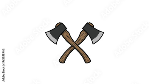 Pair of crossed axes with wooden handles and sharp steel blades for woodcutting lumberjack survival or outdoors themed graphic design.