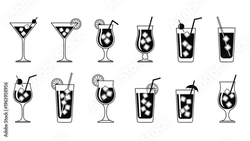 Set of twelve black and white cocktail glass icons with ice cubes garnishes and straws for bar menus or restaurant beverage lists.